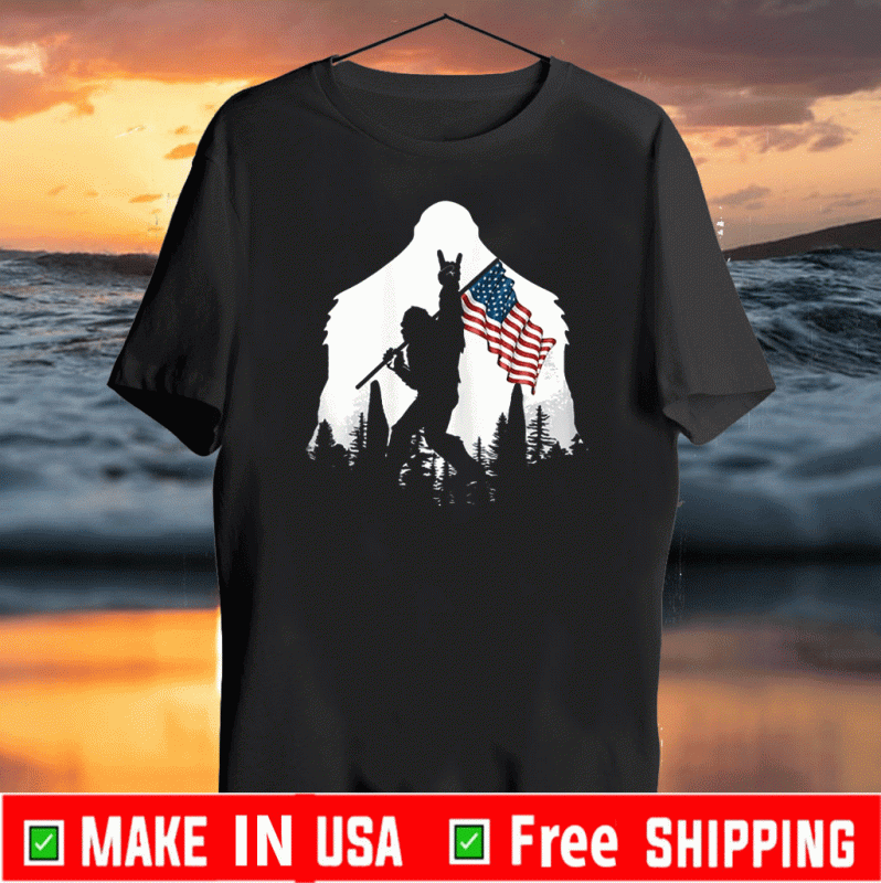 Bigfoot Victorty sign Peace USA Flag in the forest camping Tee Shirts