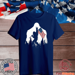 Bigfoot Victorty sign Peace USA Flag in the forest camping Tee Shirts