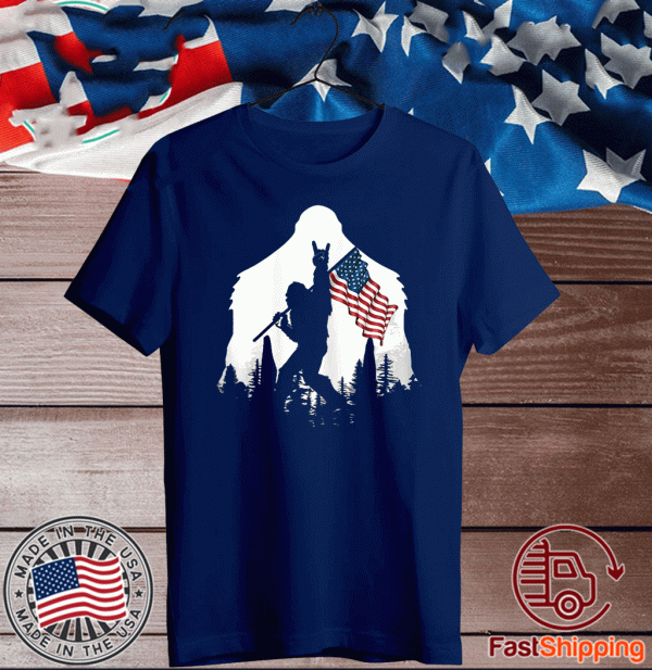 Bigfoot Victorty sign Peace USA Flag in the forest camping Tee Shirts