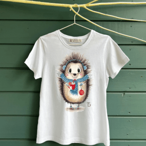Woman T-shirt with christmas hedgehog print, Women's clothes Cotton 100%, Watercolor print T-shirt, T-shirt art, Gift for her