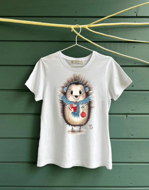 Woman T-shirt with christmas hedgehog print, Women's clothes Cotton 100%, Watercolor print T-shirt, T-shirt art, Gift for her
