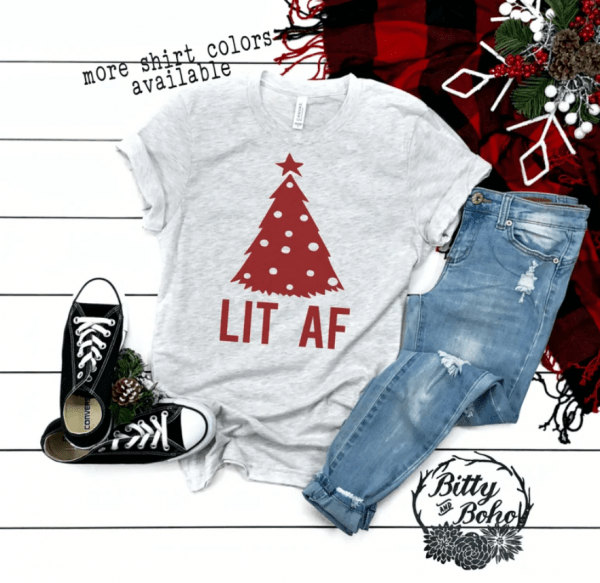 Funny Christmas Shirts, LIT AF Shirt, Christmas Drinking Shirts, Funny Christmas Tree Shirt, Holiday Graphic Tees, Red Christmas T-Shirts
