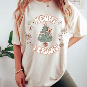 Meowy and Bright Christmas Shirt, Retro Christmas Cat Shirt, Gift For Christmas, Retro Xmas Shirt, Christmas Shirt For Women, Cat Lovers