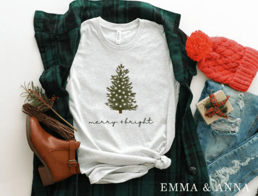 Christmas Shirts for Women, Merry and Bright Shirt, Christmas T-Shirt, Christmas Tree Shirt, Christmas Tees, Winter Shirt, Holiday Shirts