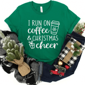 Run on Coffee and Christmas Cheer, Coffee and christmas Shirt, Christmas Gift Tee, Funny Christmas Shirt, Coffee Lover Christmas Gift Tee