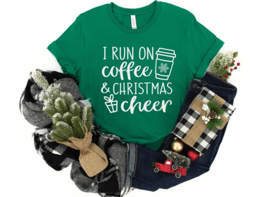 Run on Coffee and Christmas Cheer, Coffee and christmas Shirt, Christmas Gift Tee, Funny Christmas Shirt, Coffee Lover Christmas Gift Tee