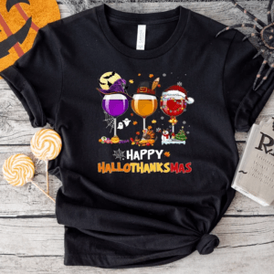 Happy Hallothanksmas Wine Shirt, Funny Wine Halloween Thanksgiving Christmas Shirt, Witch Hallowine Shirt Gift For Wine Lover
