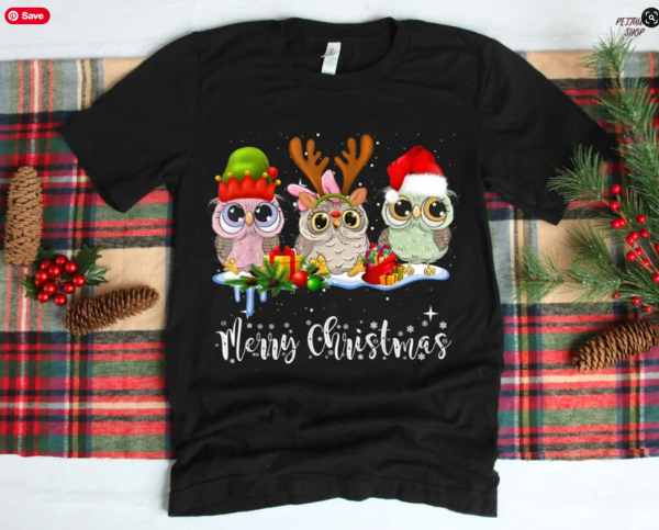 Cute Owl Christmas T-Shirt, Christmas Hoodies, Holiday Sweaters, Winter Shirts, Christmas Gifts, Gift for Kids Shirt, Gift Elf T Shirt