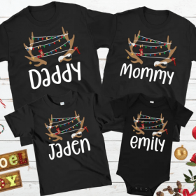 Personalized Family Christmas Shirt, Antler Family Christmas Pajamas, Antler Christmas Lights, Family Christmas Pjs, Family Holiday T-shirts
