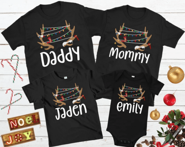 Personalized Family Christmas Shirt, Antler Family Christmas Pajamas, Antler Christmas Lights, Family Christmas Pjs, Family Holiday T-shirts