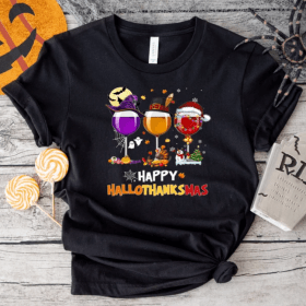 Happy Hallothanksmas Wine Shirt, Funny Wine Halloween Thanksgiving Christmas Shirt, Witch Hallowine Shirt Gift For Wine Lover