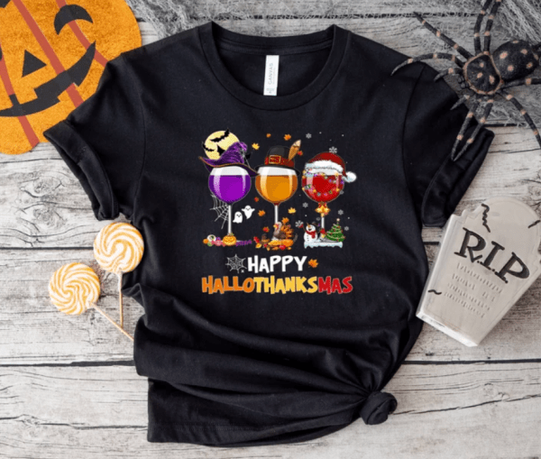 Happy Hallothanksmas Wine Shirt, Funny Wine Halloween Thanksgiving Christmas Shirt, Witch Hallowine Shirt Gift For Wine Lover