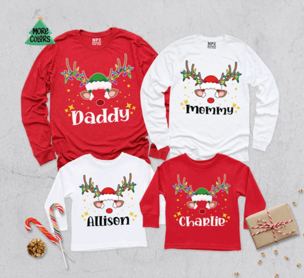 Personalized Santa Deer Matching Family Long Sleeve, Christmas Family Shirt, Funny Deer Christmas Shirt, Custom Merry Christmas Shirt