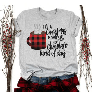 Funny Womens Christmas Shirt with Saying It's a Christmas Movies & Hot Chocolate Kind Of Day Printed with Buffalo Plaid on a Grey T-Shirt
