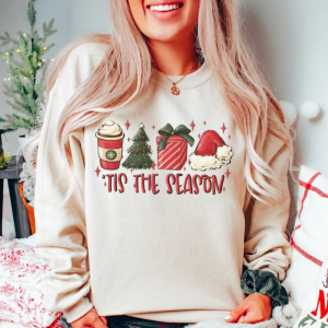 Tis The Season Christmas shirt, coffee Santa Christmas tree Sweatshirt, Cute Christmas Xmas Tee, Women Sweater, Cute Holiday Sweatshirt