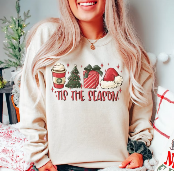 Tis The Season Christmas shirt, coffee Santa Christmas tree Sweatshirt, Cute Christmas Xmas Tee, Women Sweater, Cute Holiday Sweatshirt