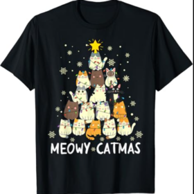Meowy Catmas Cat Christmas Tree Xmas Girls Boys Funny Santa T-Shirt