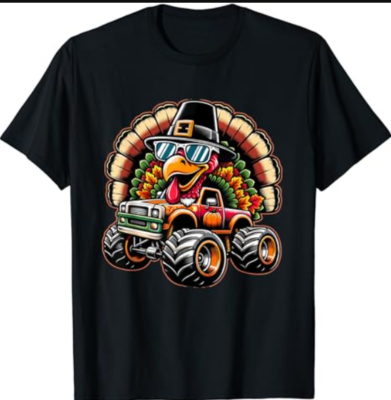 Thanksgiving Turkey Riding Monster Truck Boys Kids T-Shirt