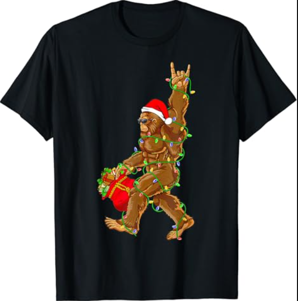 Santa Bigfoot Christmas Lights Rock Funny Sasquatch T-Shirt