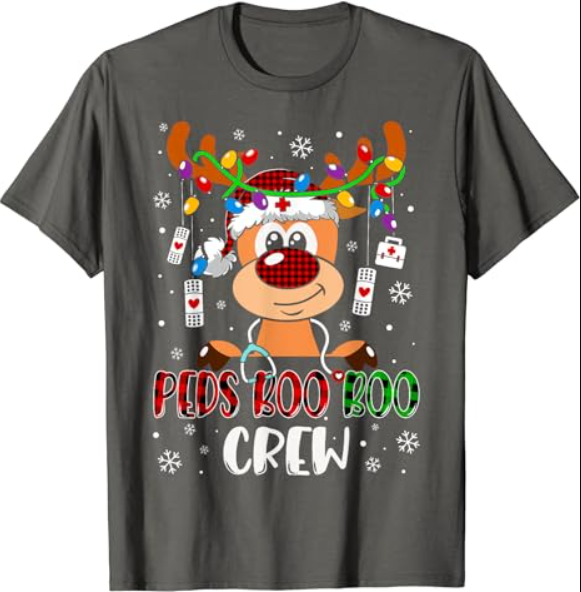 Peds Nurse Boo Crew Reindeer Nurse Buffalo Plaid Christmas T-Shirt