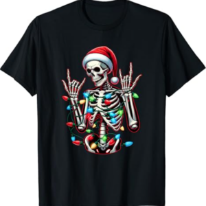 Rock n Roll Sign Hand Skeleton Santa Christmas Men Women T-Shirt