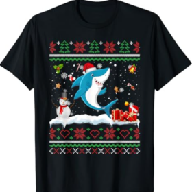 Funny Ugly Xmas Sweater Animals Lights Christmas Shark T-Shirt