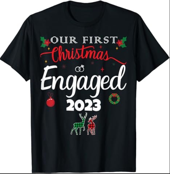 Our First Christmas Engaged 2023 Pajamas Couples Matching T-Shirt