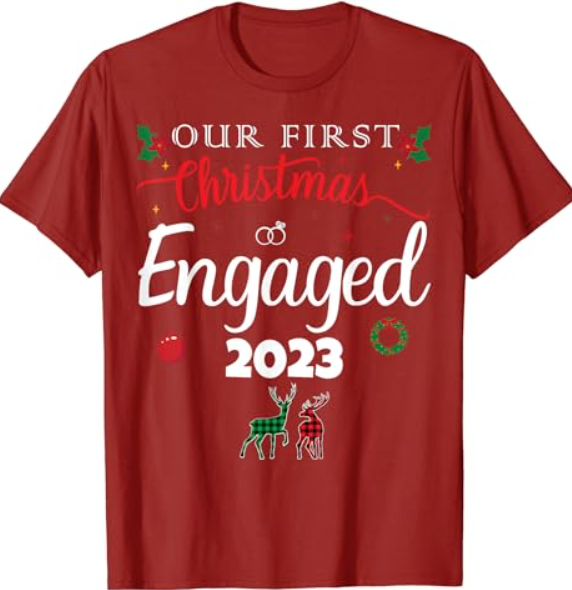 Our First Christmas Engaged 2023 Pajamas Couples Matching T-Shirt
