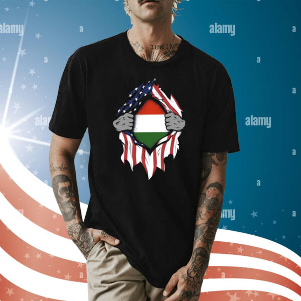 Hungarian American Flags Hands Ripping Flag on Chest Shirt