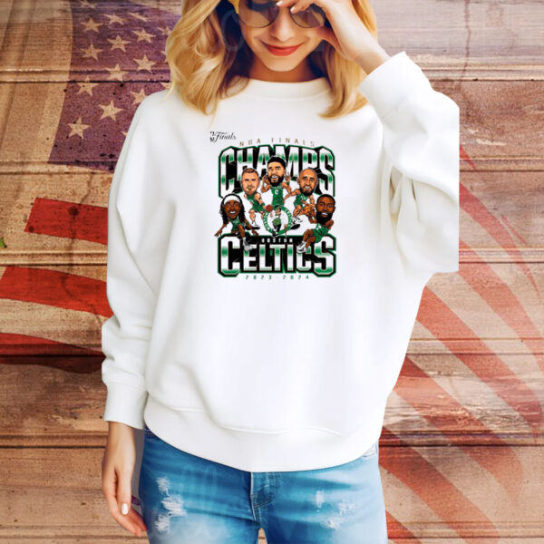 Official Boston Celtics 2023-2024 NBA Finals Champions Pull Up Jumper Caricature Tee Shirt