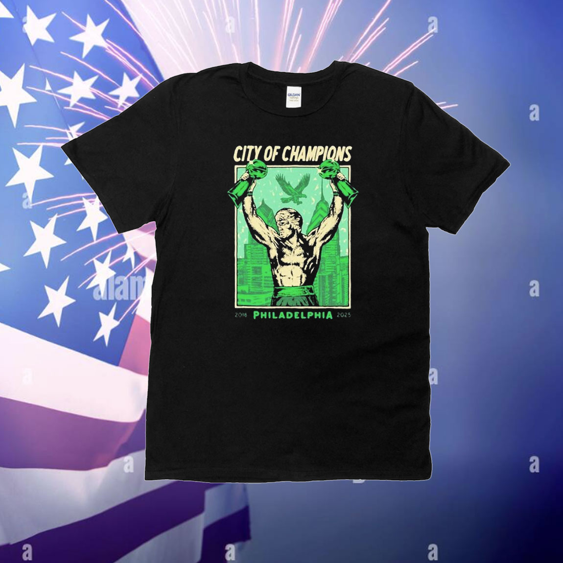 Philadelphia Eagles Philly City Of Champions 2018-2025 Super Bowl Statue T-Shirt