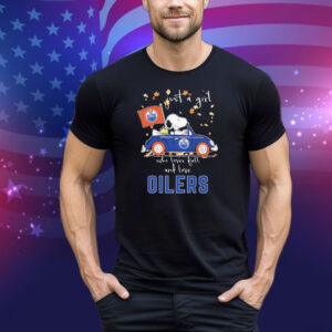 Snoopy And Woodstock Driving Car The Peanuts Just A Girl Who Lover Fall And Love Edmonton Oilers Tee Shirt