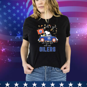 Snoopy And Woodstock Driving Car The Peanuts Just A Girl Who Lover Fall And Love Edmonton Oilers Tee Shirt