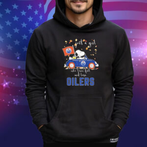 Snoopy And Woodstock Driving Car The Peanuts Just A Girl Who Lover Fall And Love Edmonton Oilers Tee Shirt