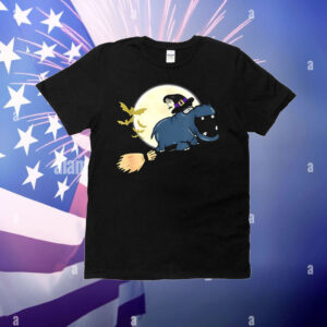 Hippo witch hat riding broom stick zoo animal Halloween T-Shirt